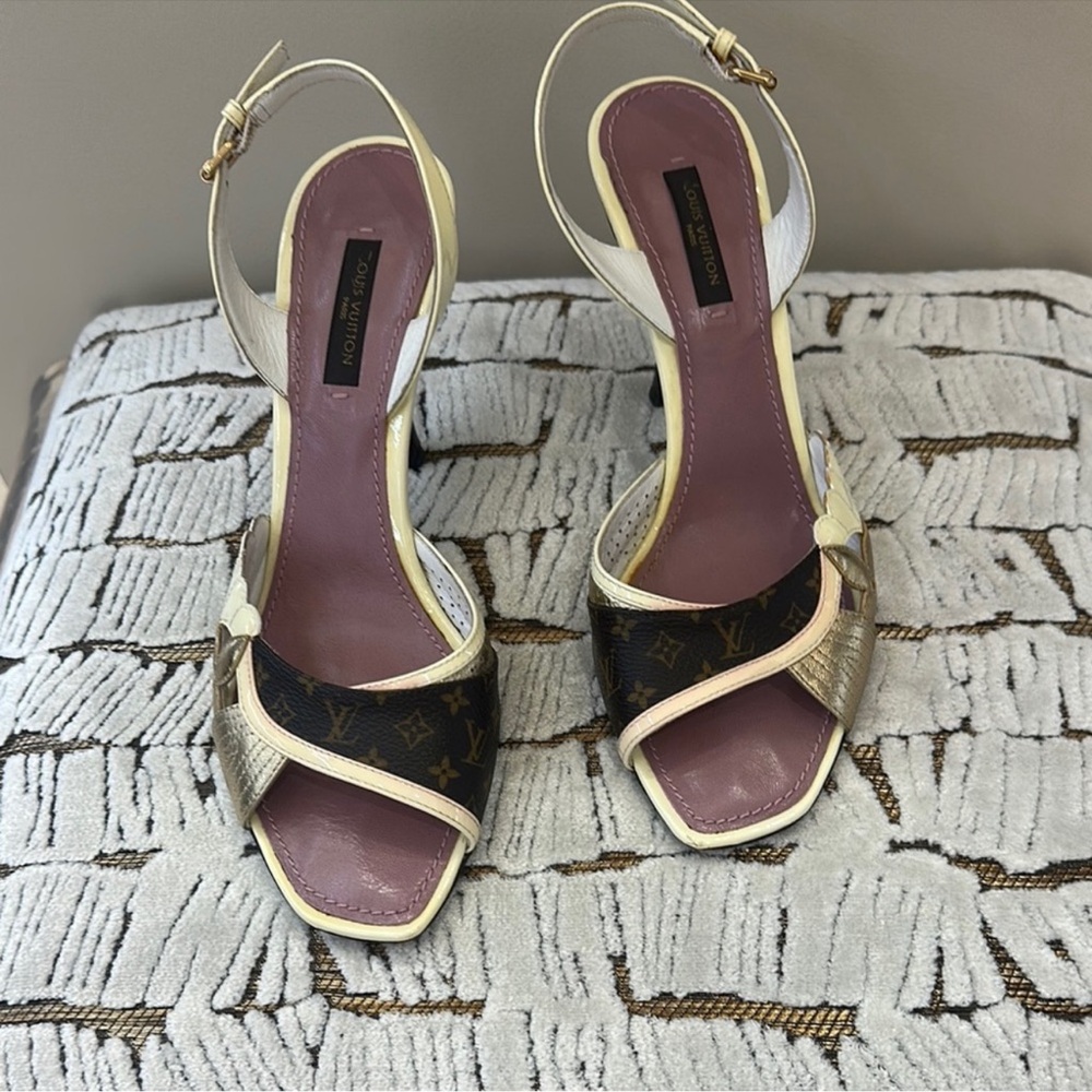 Louis Vuitton Cream and Brown High Heel Sandals - Picture 2 of 7